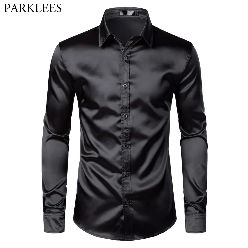 Men's Casual Shirts Men's Black Satin Luxury Dress Shirts Silk Smooth Men Tuxedo Shirt Slim Fit Wedding Party Prom Casual Shirt Chemise Homme 230807