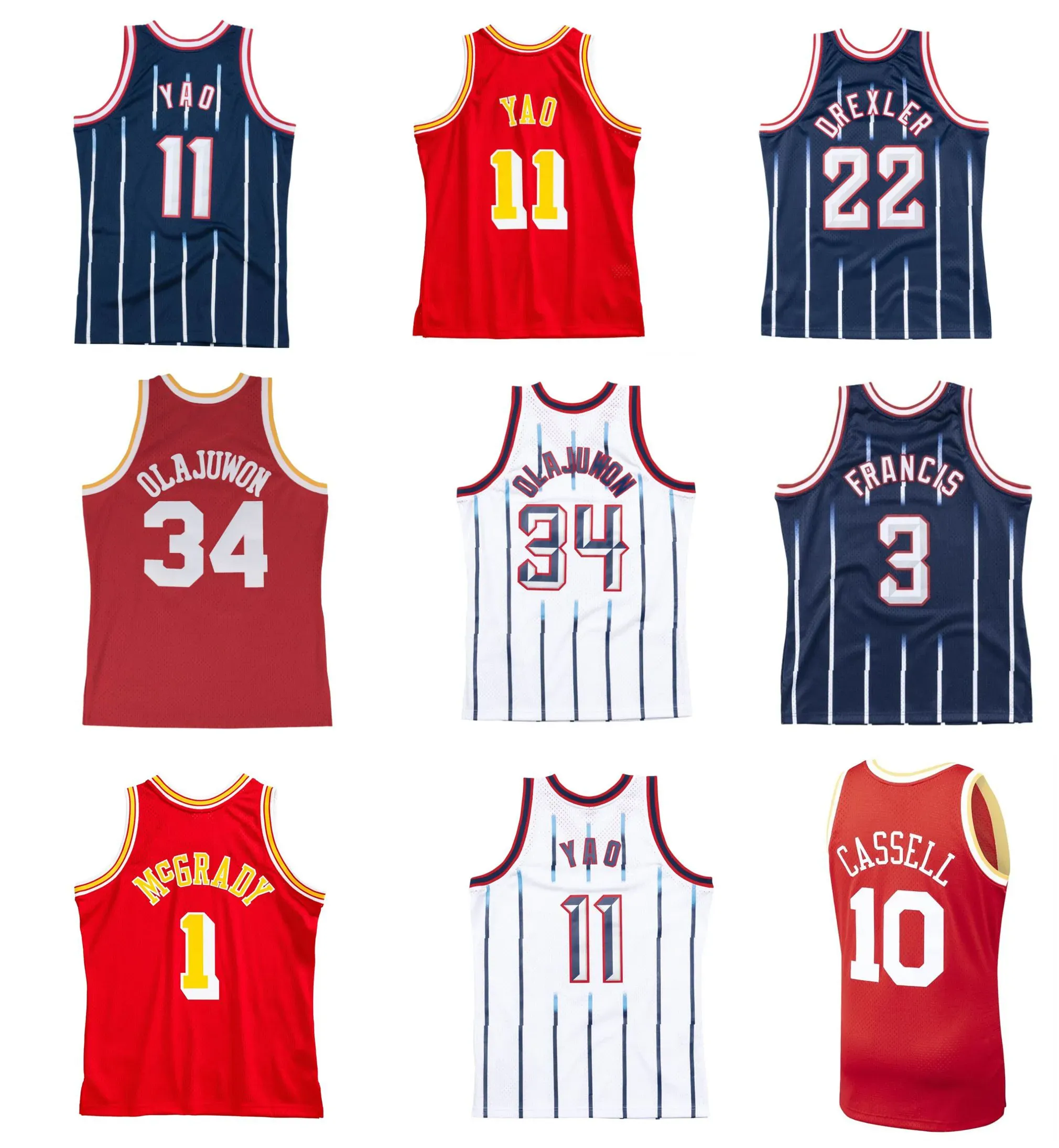 Houston''Rockets''Yao Ming Basketball Jersey Hakeem Olajuwon Tracy McGrady Francis Clyde Drexler Cassell Elie Mitchell and Ness Throwback Red S-XXL