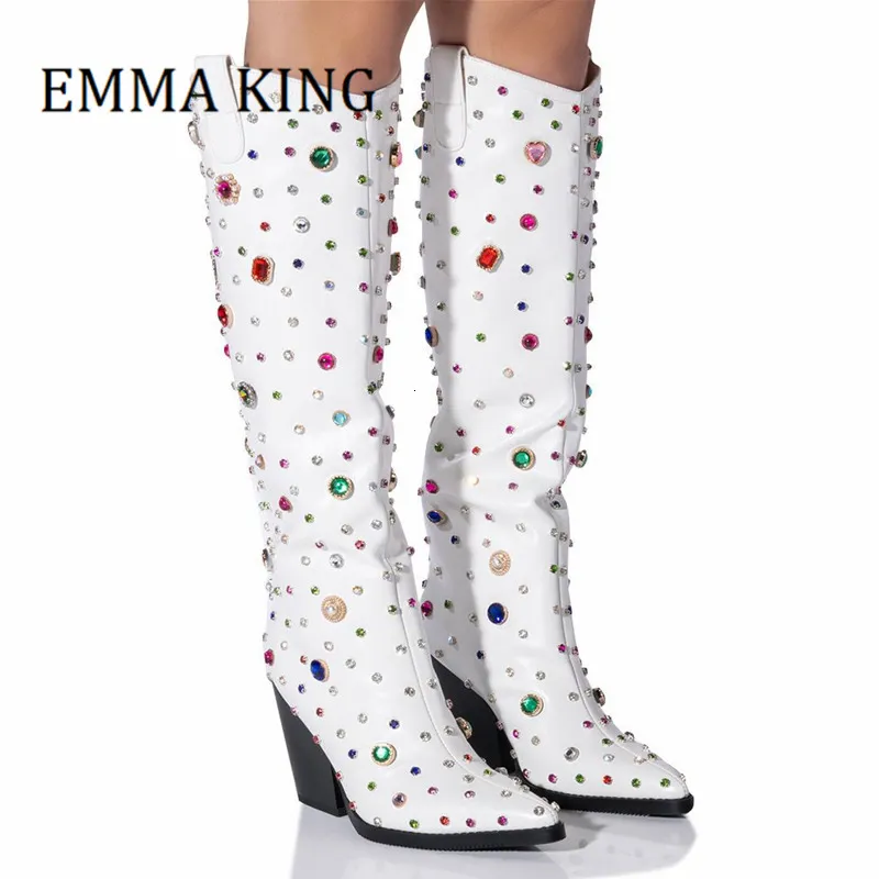 408 Empelled Chunky Cowgirl Western Boots Block Heels Knee High Boot Pointed Toe Slip-On Gemstone Decor Botas de Mujer 2 43