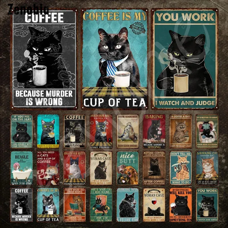 Gatto Nero Poster in Metallo Bere Caffè e Birra Cat Targa in Metallo Leggere Libri Targa in Metallo Targa in Metallo con Animale Divertente Targa Vintage per Animali Domestici Home Art Decorazione Personalizzata 30X20CM w01