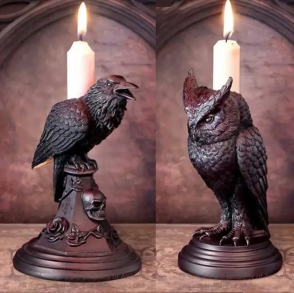 Novelty Items Halloween Gothic Crow Candlestick Ornaments Resin Room Decor Antique Owl Figurines Decoration Statue Home Decoration Accessories 230808