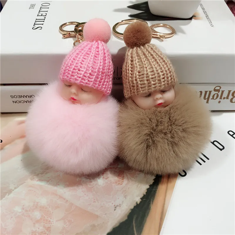 Peluş Anahtarlık Pompom Uyuyan Bebek Anahtarı Sevimli Kabarık Peluş Bebek Anahtarları Kadın Kız Çanta Anahtarlar Araba Anahtar Yüzük Takı Hediye Porte Cl 230807