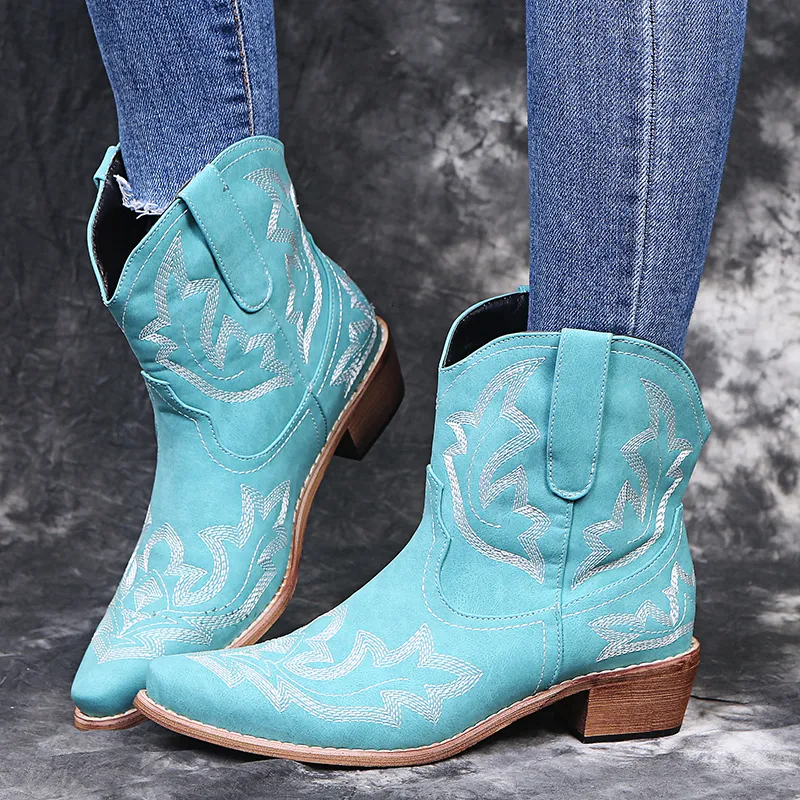 ウエスタンレトロ108エスニック冬のカウボーイ女性ブーツフェイクレザー刺繍履物ビッグサイズ女性靴ボタミール230807 73