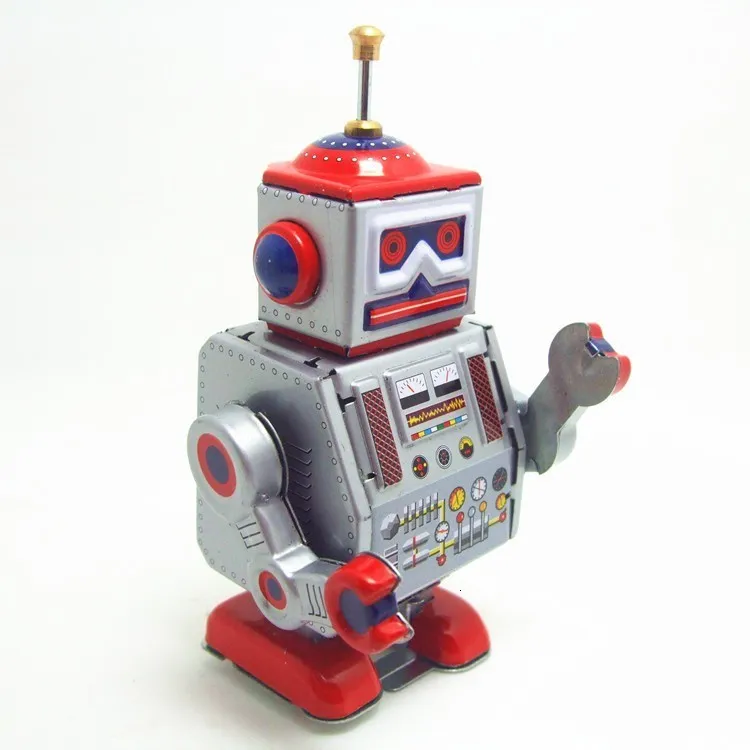 Zabawne zabawki zabawna klasyczna kolekcja retro zegar retro kończą metalowy chodzący robot robot Wycofanie mechanicznej zabawki dla dzieci prezent świąteczny 230807