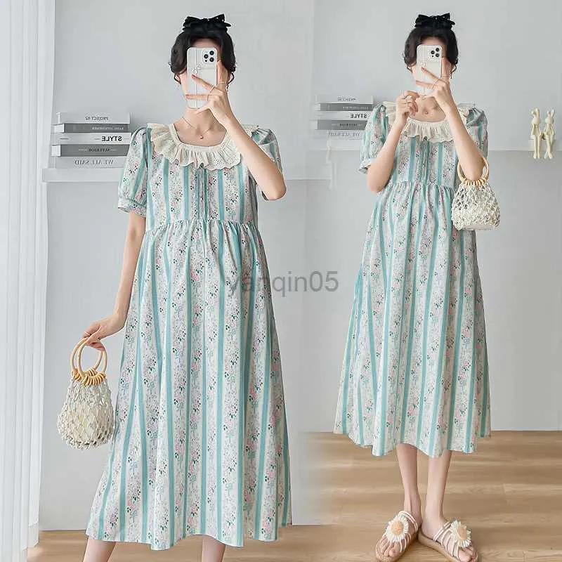 Maternity Dresses 621# 2023 Summer Korean Fashion Printed Maternity Midi Dress Elegant Stylish A Line Loose Clothes for Pregnant Women Pregnancy HKD230808