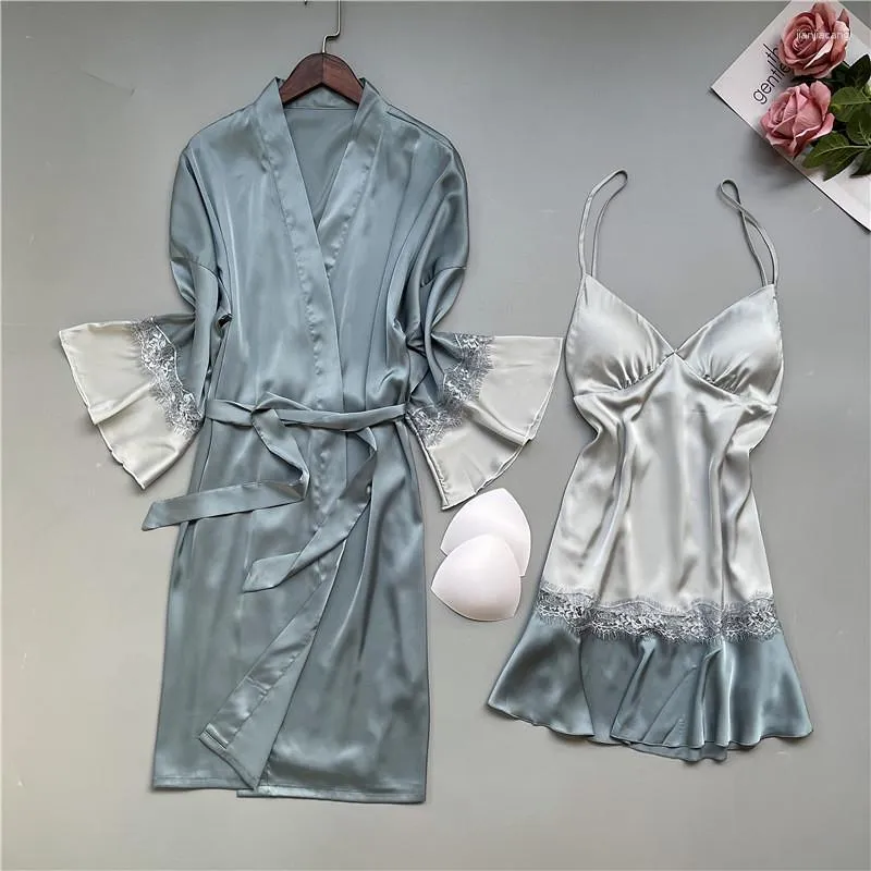 Women's Sleepwear Women Satin Nightgown Set Sexy Pink Bride Bridesmaid Wedding Robe Summer Patchwork Lace Flared Half Sleeves Home Dress