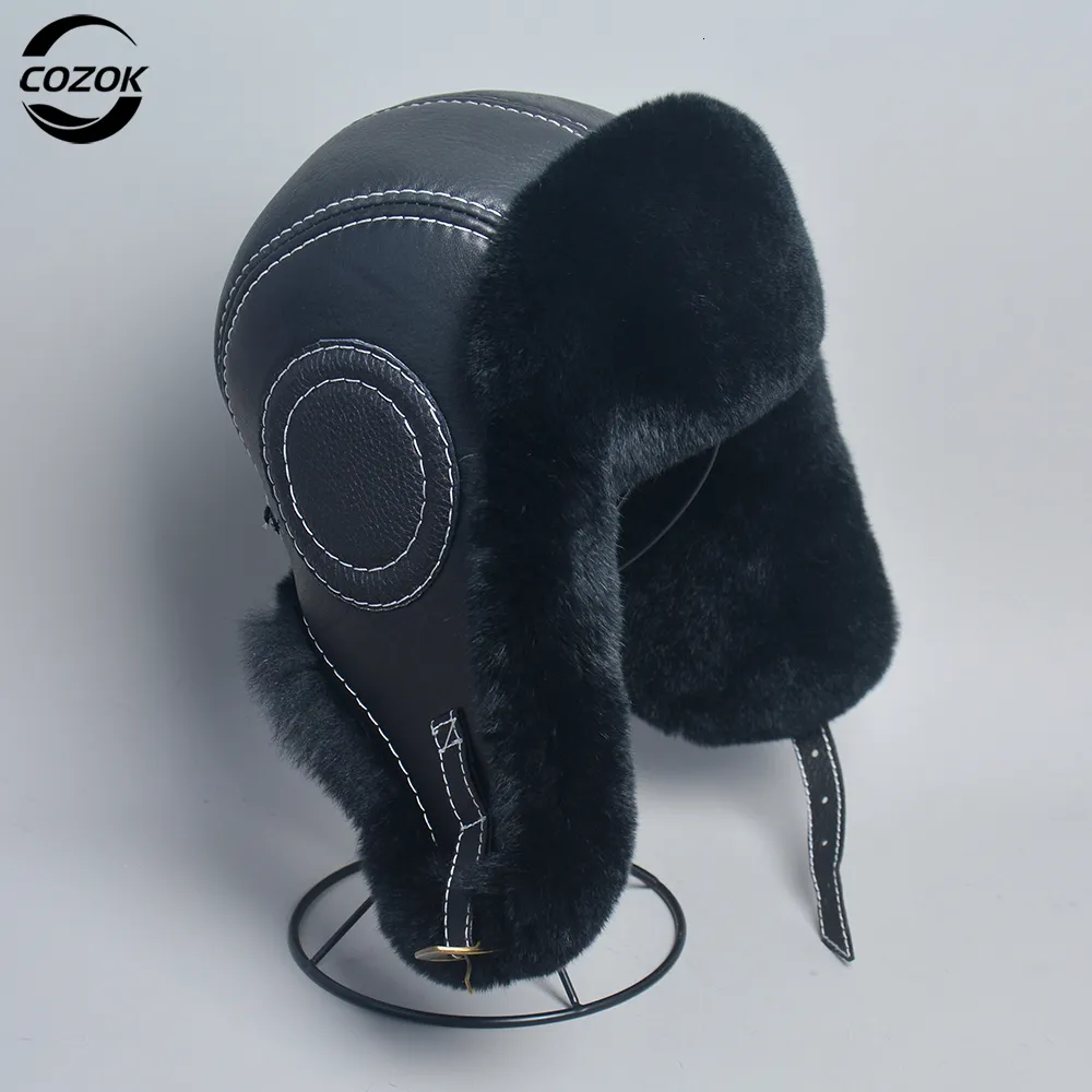 Beanie Skull Caps 2023 Men100 Natural Rex Rabbit Fur Bomber Hats Winter Russian Man Ware Real Sheepskin Leather Hat Male 230808