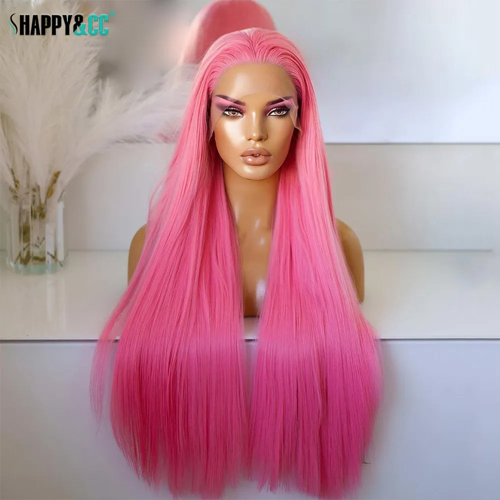 Spetsspår 30 tums rosa front silkeslen rak färgad syntetisk peruk lång 180 densitet cosplay party glueless för kvinnor 230807