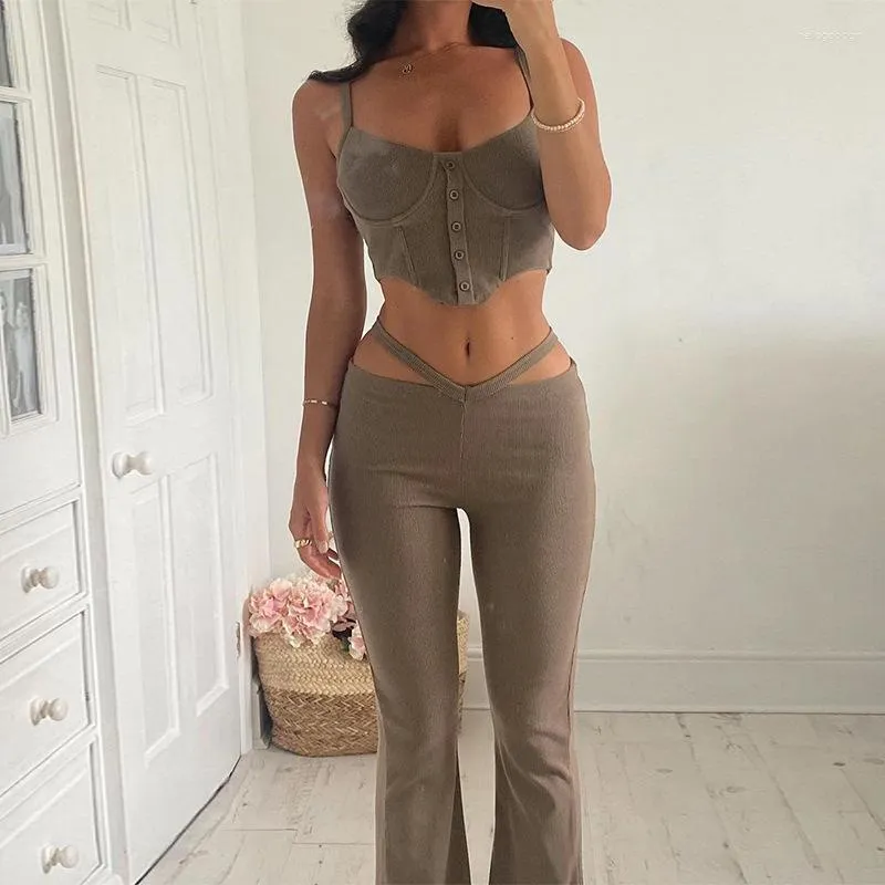 Kvinnors tvåbitar byxor Streetwear Women Tracksuit Khaki Y2k Set Cami Top Cut Out Bell Bottom Sexig Rave Outfit Fleared Matching Suit