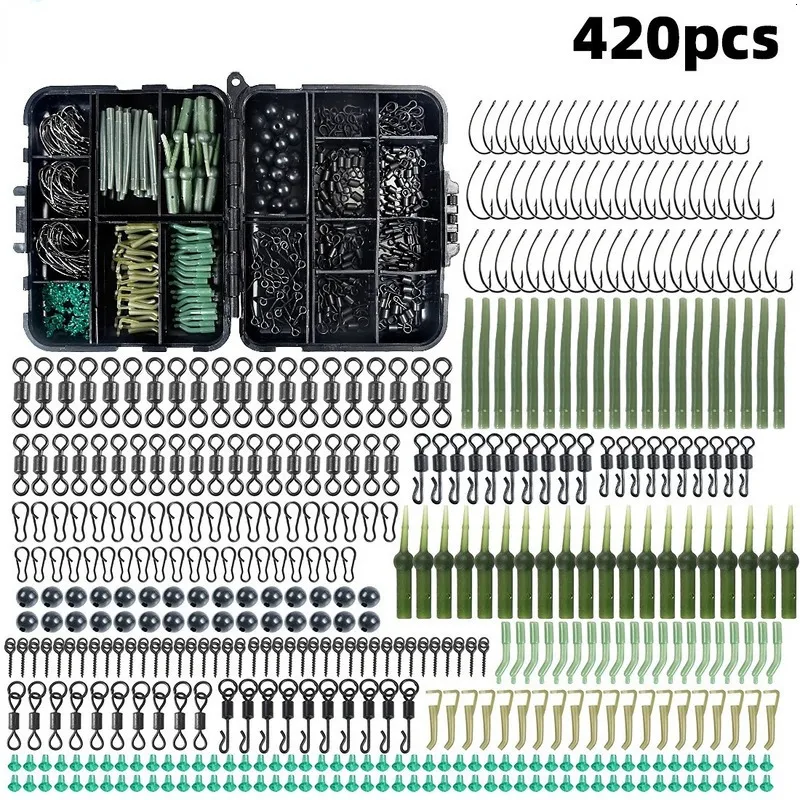 Fiske tillbehör 160-420pcsbox carp fiske tackla kit inklusive boilie bete skruvtillbehör svivlar krokar anti trassel ärmar krokstopp pärlor 230807