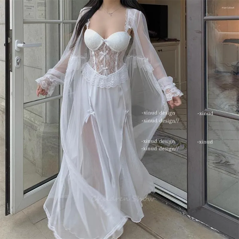 Vêtements de nuit pour femmes mariée mariage peignoir Sexy maille femmes chemise de nuit volants Robe ensemble fée princesse Style été Lingerie