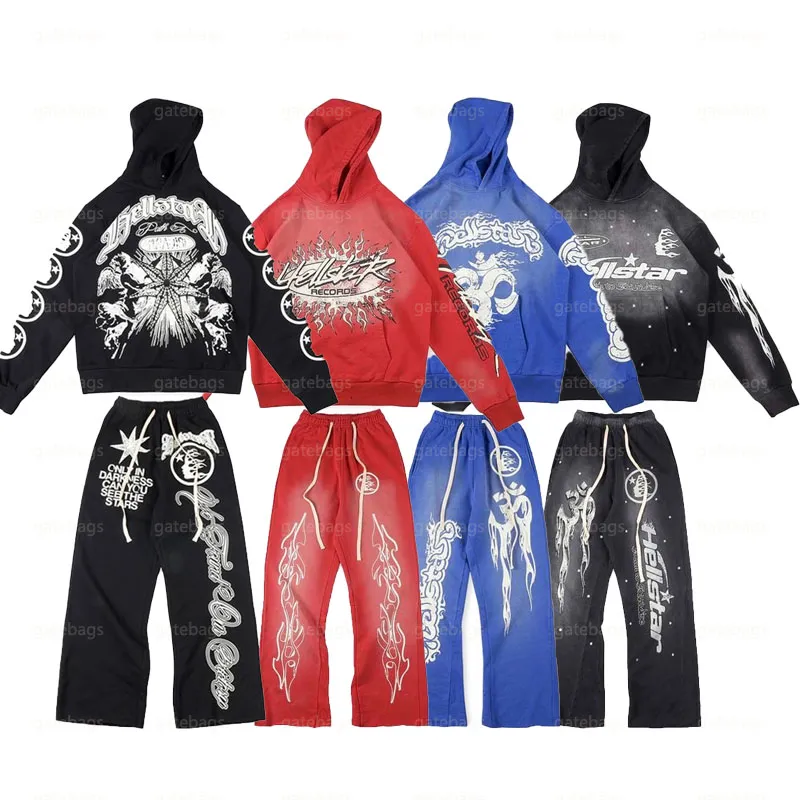 Hellstar Designer Sweat à capuche Hellstar Hommes Pull Spiderweb Victory Costume de sport Sweat-shirt Pantalon Survêtement Noir Rouge Bleu Patchwork Lavage Costume Noir S m l xl