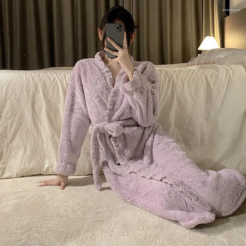 Женская одежда для сна, фиолетовая ванна в стиле принцесса, домашняя одежда, фланель теплая ночная рубашка, толстая коралловая бархатная кимоноя одежда длинная домашняя одежда пейньоар