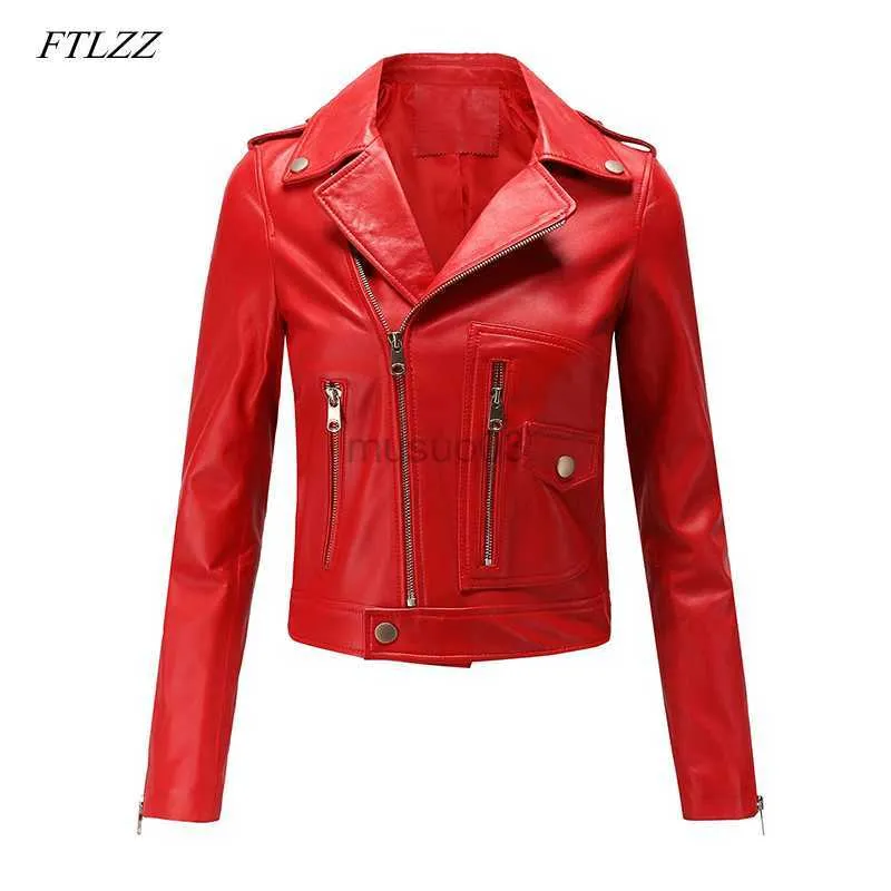 Cuero de mujer Faux Leather FTLZZ Mujer Motocicleta Pu Chaqueta de cuero Invierno y primavera Negro Rojo Abrigo de cuero de imitación Turn Down Collor Lady Outerwear HKD230808