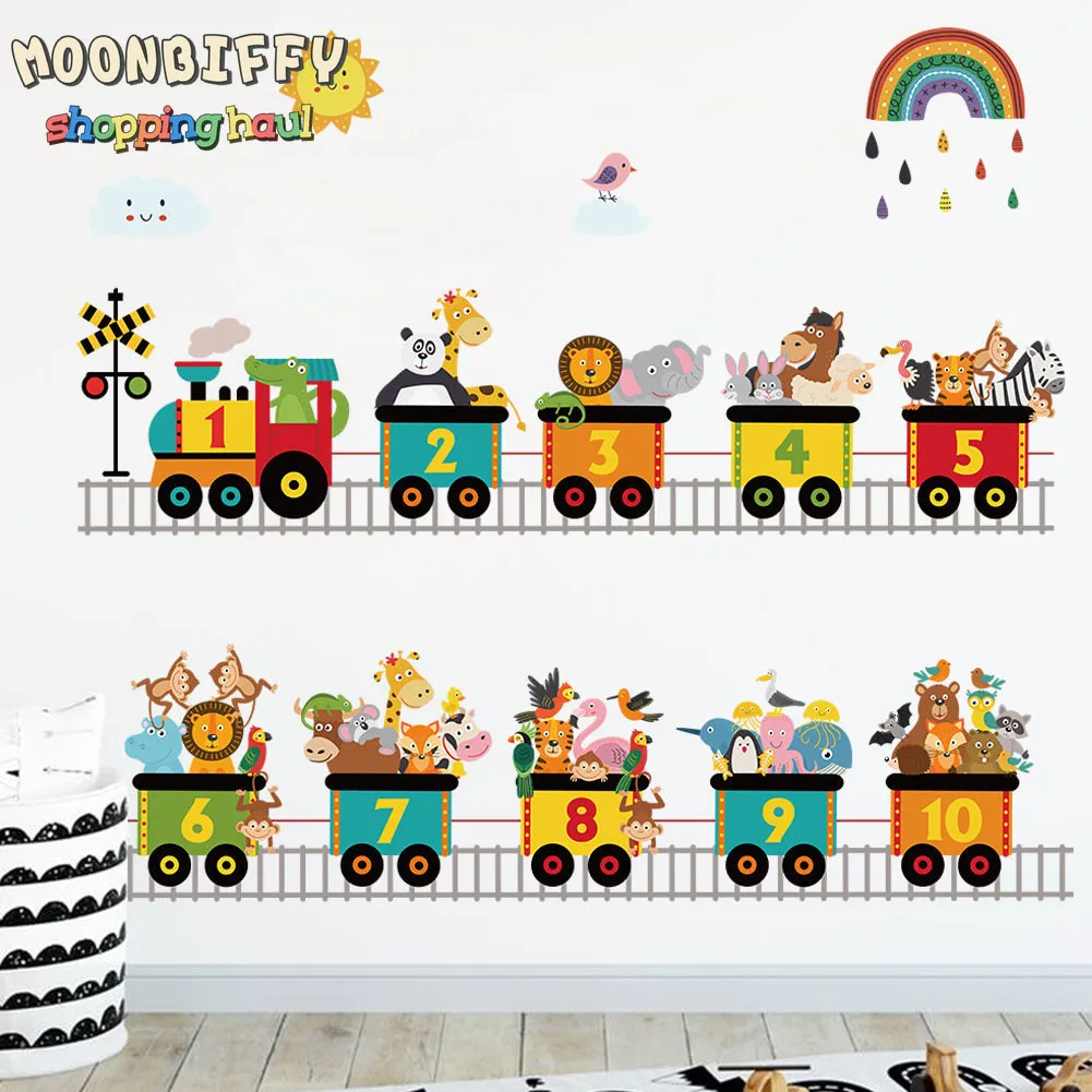 벽 스티커 만화 열차 동물 자동차 교통 수송 스티커 PVC 무지개 풍선 데칼을위한 보육 어린이 거실 장식 230808