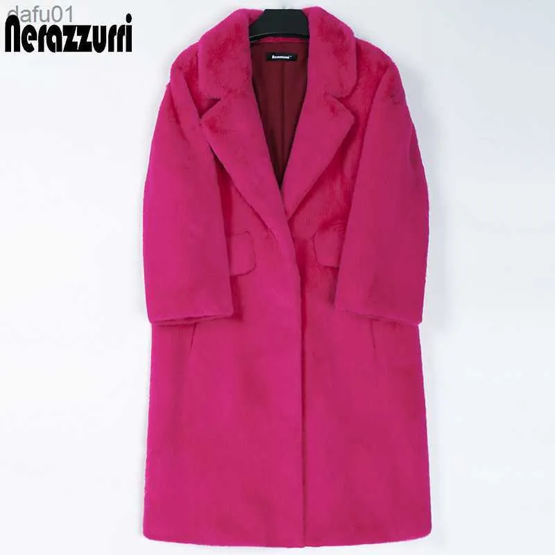 Nerazzurri vinterlånga heta rosa faux päls kvinnor lapel varm tjock svart mjuk fluffig jacka Löst snygg koreanskt mode 2022 L230520