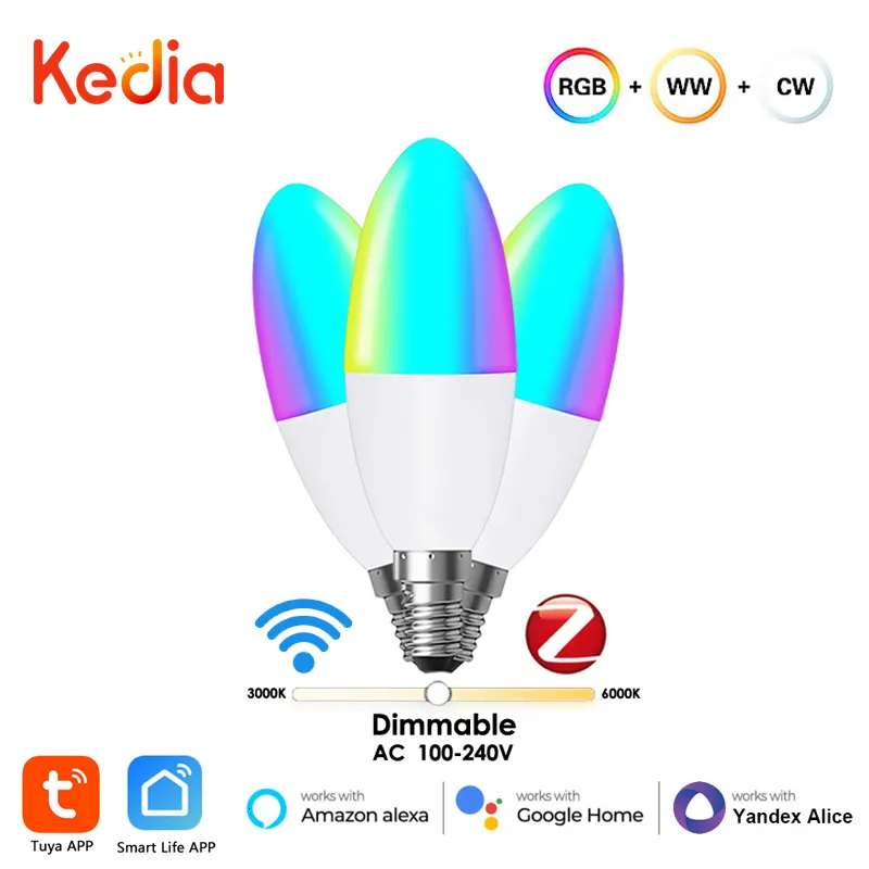 Andere Home Garden Kedia Tuya E14 Smart ZigBee WiFi Candle Light Bulb Europäische Glühbirnen RGB LED WW Lampe Via Life Alexa Google Alice 230807