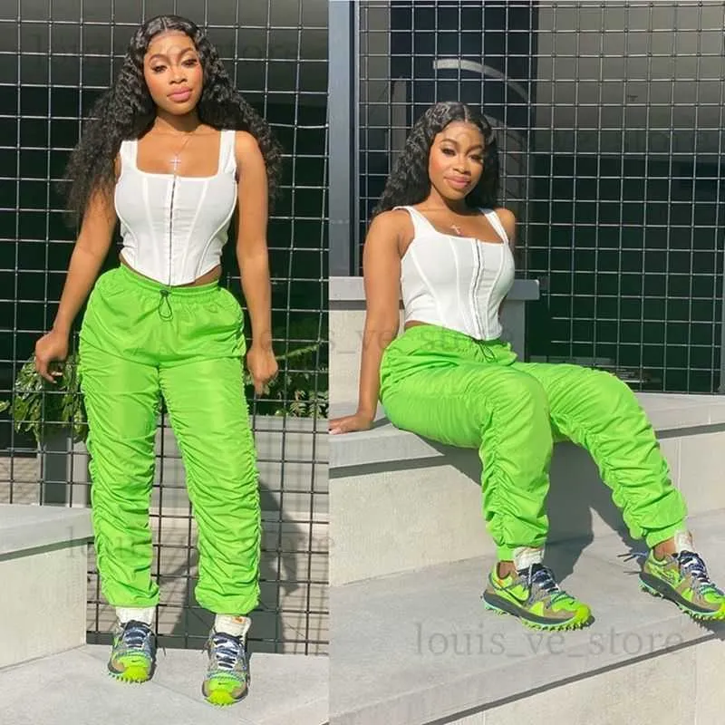 haoyuan plus size high waist ruched cargo pants women Elastic Joggers Neon Green Black Summer Hip Hip Hip Hip Hip Hip Hip Hip Sweatpants T230808