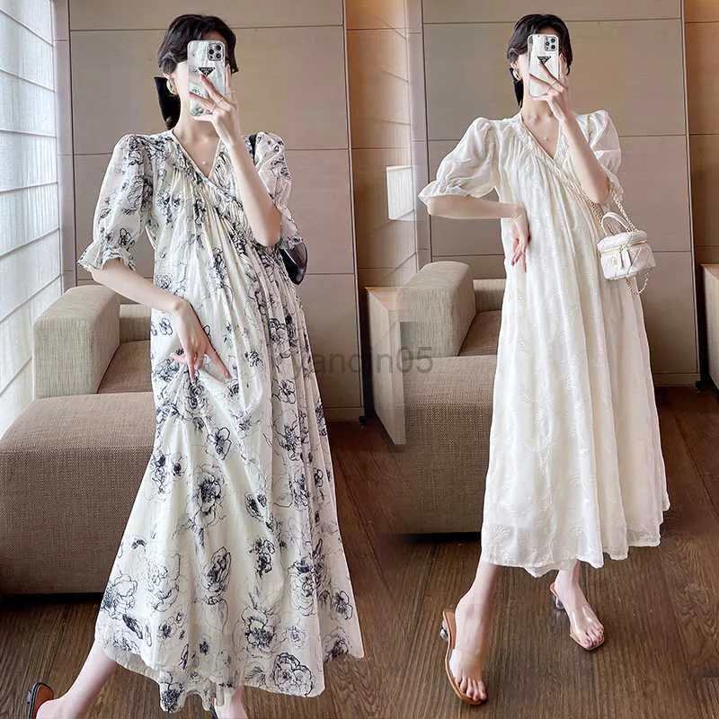 Maternity Dress 8251# Summer Korean Fashion Long Maxi Dress: V-Neck Loose  Straight Clothes for Pregnant Women, Stylish Pregnancy