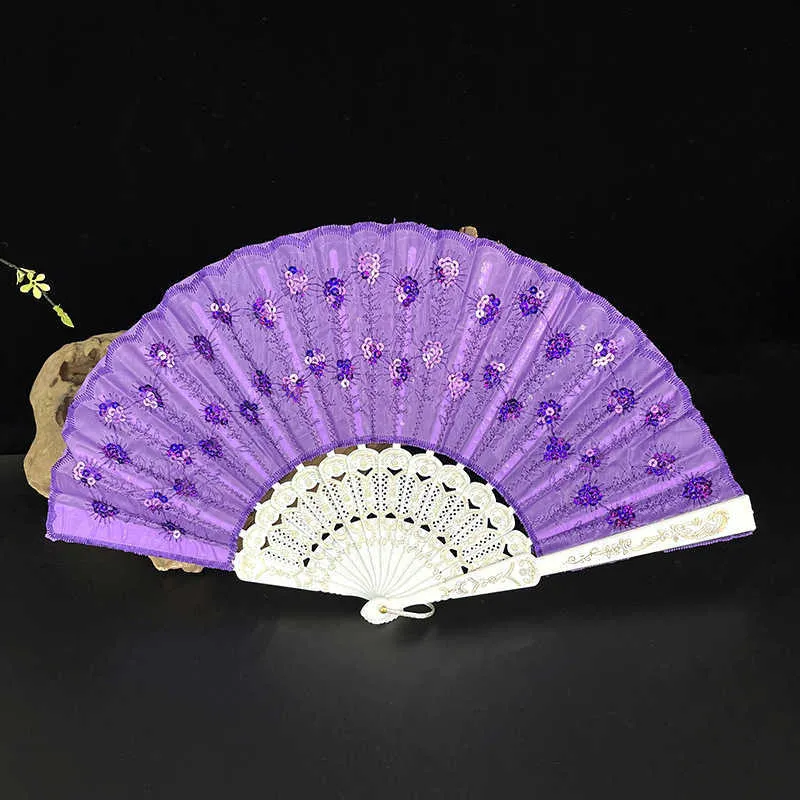 Chinese Style Products Vintage Chinese Style Folding Fan Embroidered Sequin Lace Silk Hand Held Fan Wedding Party Dance Fan Home Crafts Decoration