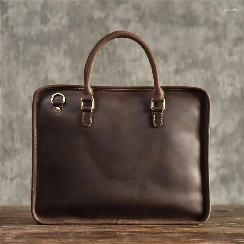 Aktentaschen Einfache Vintage Echtes Leder Herren Damen Aktentasche Arbeitshandtasche Business Laptop Schulter Messenger Bag