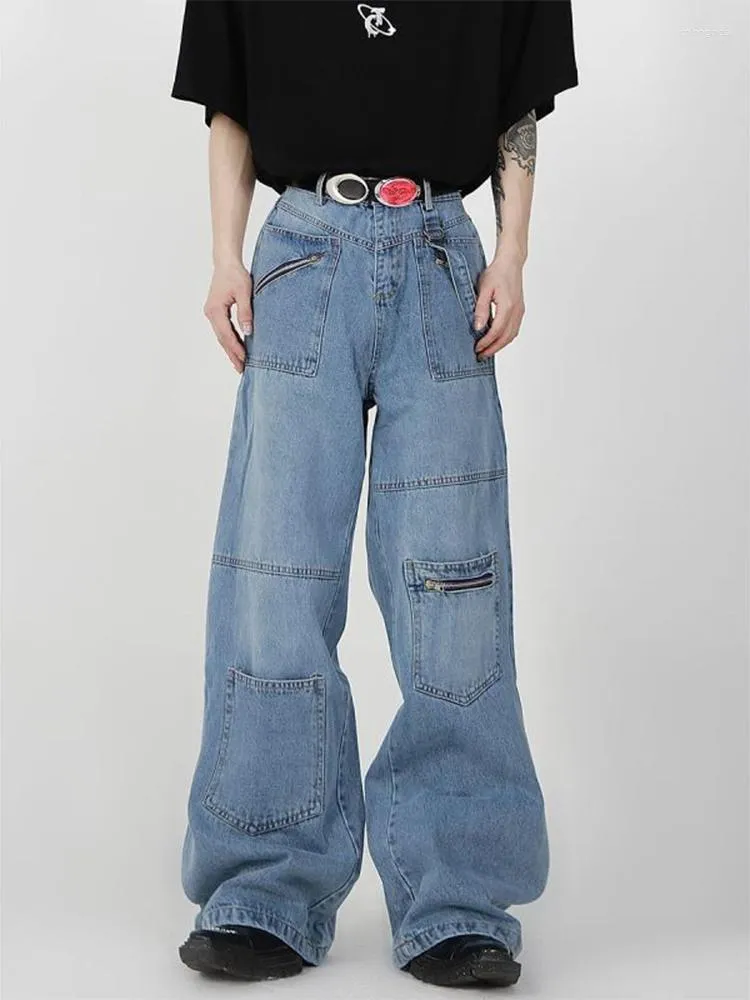 Jeans da uomo HOUZHOU Baggy Cargo Uomo Denim Pantaloni a gamba larga Uomo Oversize Casual Streetwear Tasca Hip Hop Cerniera Stile Safari