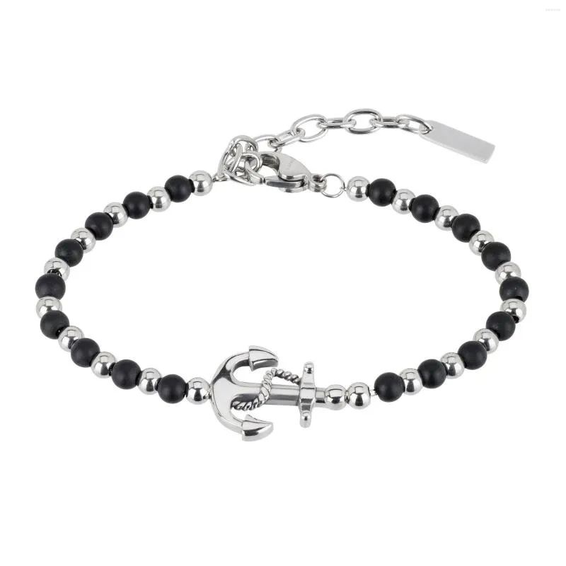 Strand Runda Men's Natural Stone Bracelet Obsidian With Stainless Steel Anchor Adjustable Size 22cm Fashion Handmade Beads