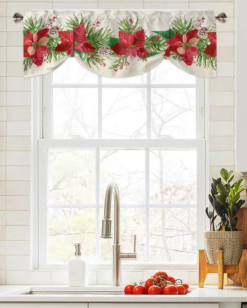 Rideau Noël Poinsettia Fleur Cônes De Pin Fenêtre Salon Armoires De Cuisine Tie-up Valance Rod Pocket