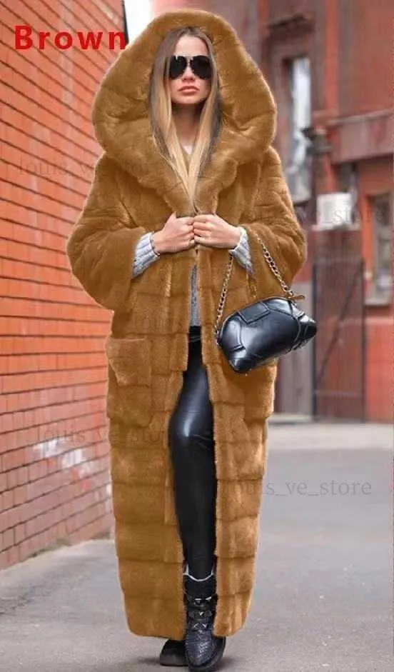 2022 Womens Faux Rabbit Fur Hooded Extra Long Puffer Coat Casual