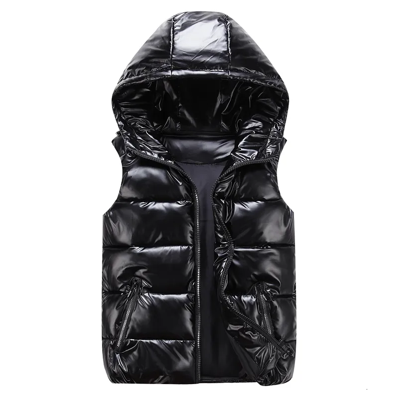 Men's Vests Man/woman/ child Vest Winter Hooded Glossy Cotton Vest Casual Waistcoat Men's Sleeveless Jacket Warm Overcoats Hat 230807