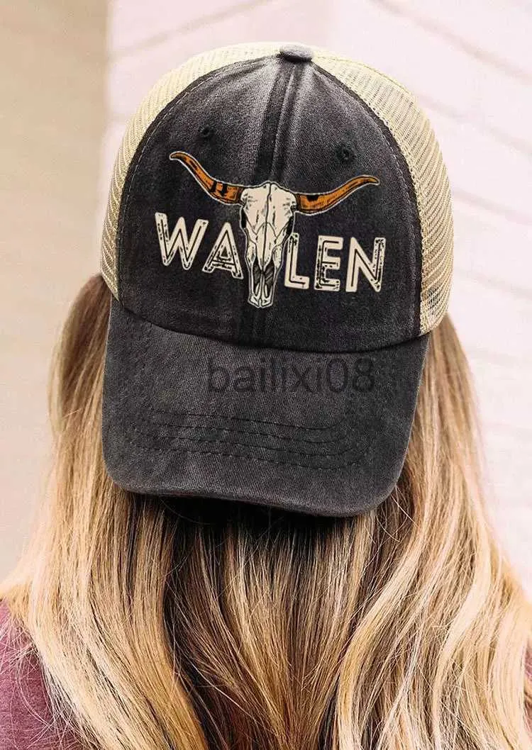 Ball Caps Women's Baseball Cap Western Style Steer Skull Mesh Splicing Hat Adjustable Snapbk Hats J230807