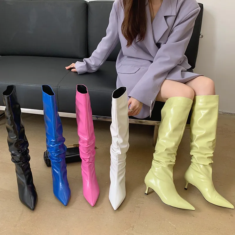 19 femmes chevalier mode pointu toe mince talons hauts noir blanc bleu rose jaune jaune d'automne de genou bottes 230807 a