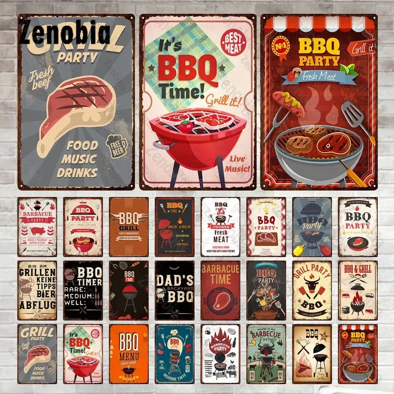 BBQ Metal Znak Vintage Grill Grill Party Food Plakat BBQ Menu Iron Painting Dekoracyjna talerz Tibe do grilla Pub Outdoor Yard Wzorca ścienna 30x20cm W01