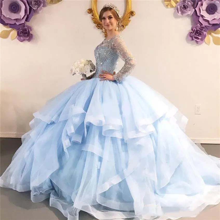 Abito da ballo azzurro cielo Abiti Quinceanera Gioiello Manica lunga Sweep Train Perline Cascading Ruffles Abiti da cerimonia lunghi da ballo formale fo226q