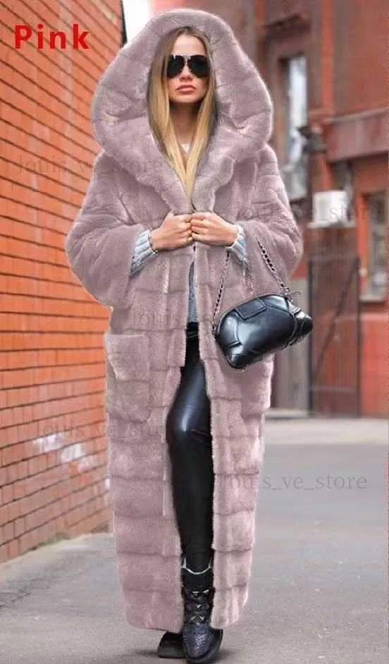 2022 Womens Faux Rabbit Fur Hooded Extra Long Puffer Coat Casual