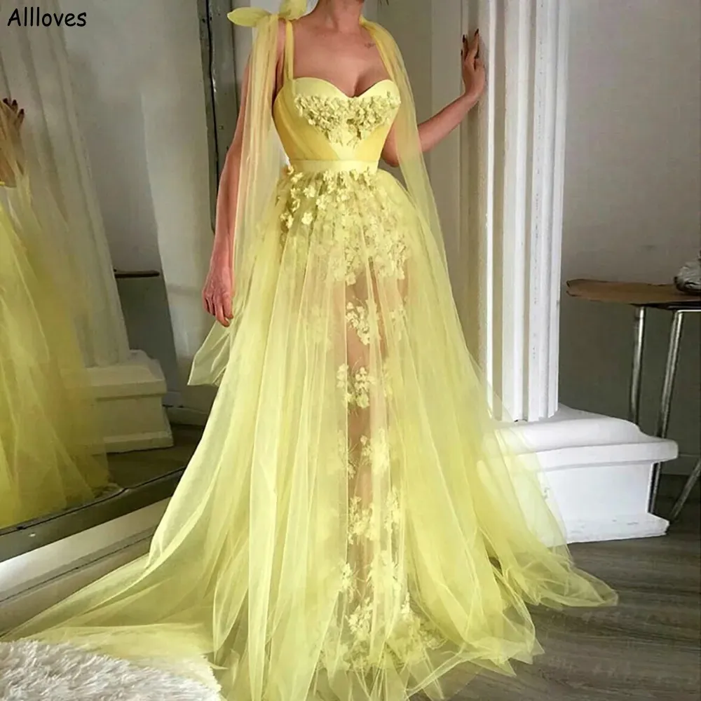 Charming Yellow Tulle A Line Evening Dresses For Women Formal Party Gowns Elegant Floral Lace Bow Straps Sexy See Through Second Reception Formal Prom Wear CL2680