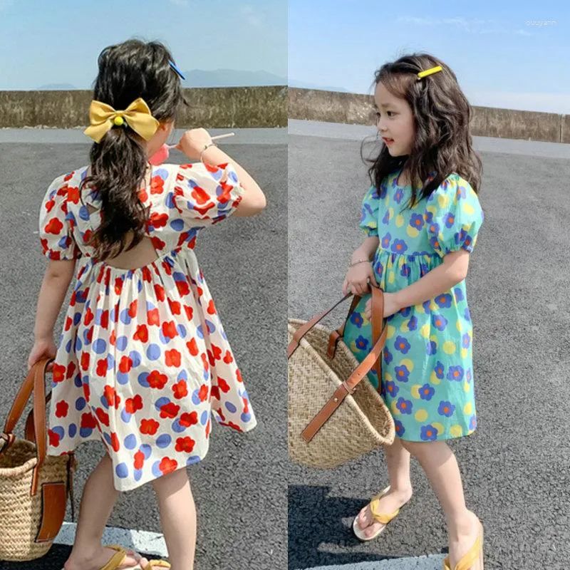 Девушка платья 2023 летние девушки милый принт цветочный пухлый платье рукава два цвета