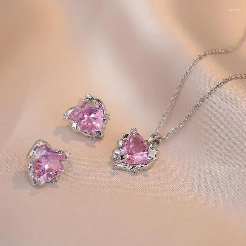 Necklace Earrings Set Chic Pink Zircon Star Heart Stud And Pendant Stainless Steel Necklaces For Women Girlfriend Birthday Gifts