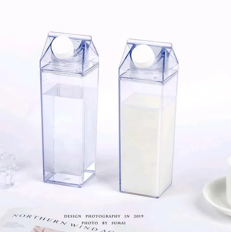 Plastic Clear Milk Carton Shaped Water Bottles Portable Drinking Sports Milk Cups Water Bottle with Lid Fashion