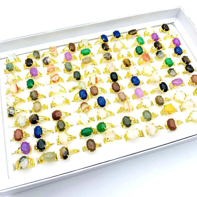 Venta al por mayor 100 unids/caja anillos para mujer accesorios de joyería de moda de piedra Natural chapado en oro plateado con una caja de muestra