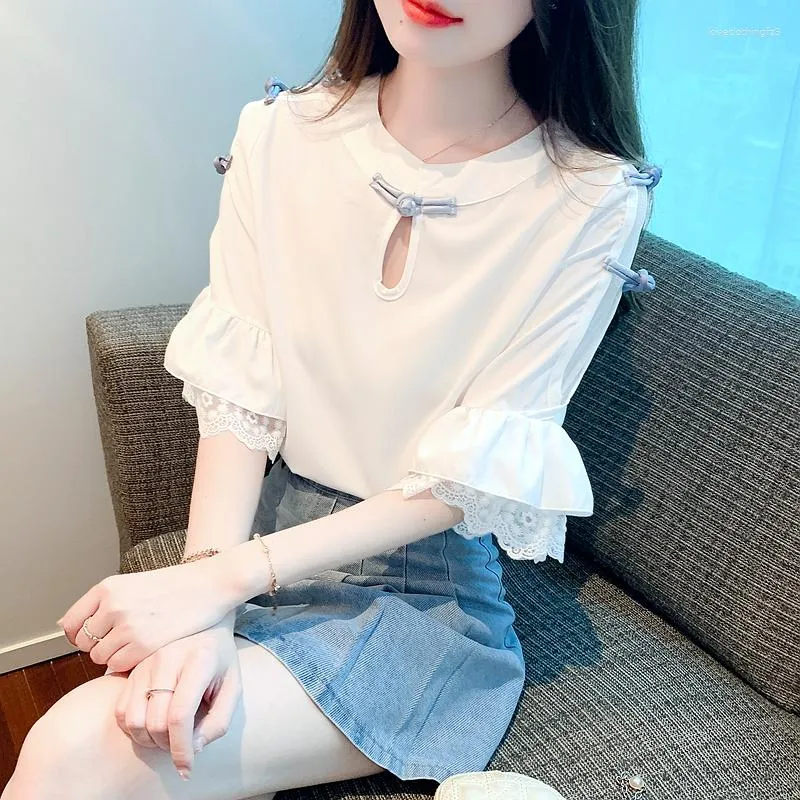 Kvinnors blusar Summer Chinese Tang Blusa Retro Ethnic Style Blus Sweet Chiffon Shirt