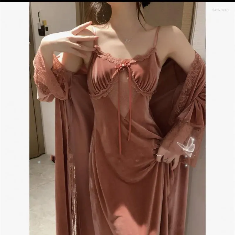 Conjunto de pijamas feminino longo e elegante conjunto de roupão de banho de inverno outono para mulheres quentes veludo camisola sexy com cadarço lingerie íntima