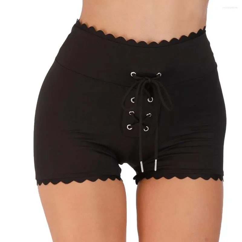 Roupas de ioga moda feminina cintura alta elástica acima do joelho com cordão shorts de fitness preto sólido