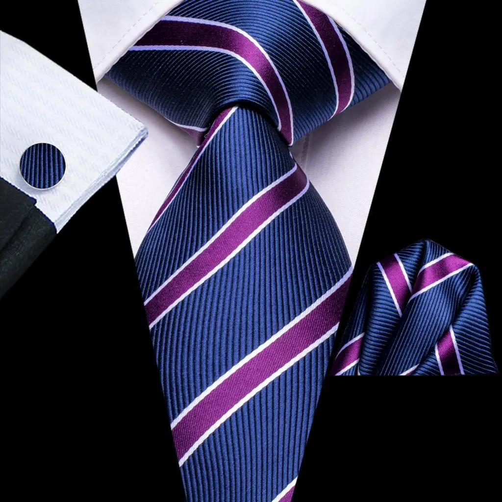 Neck Ties Striped Navy Blue Purple Fashion Brand for Men Wedding Party Necktie Set Handky Cufflinks Gift Wholesale Hi Tie 230807