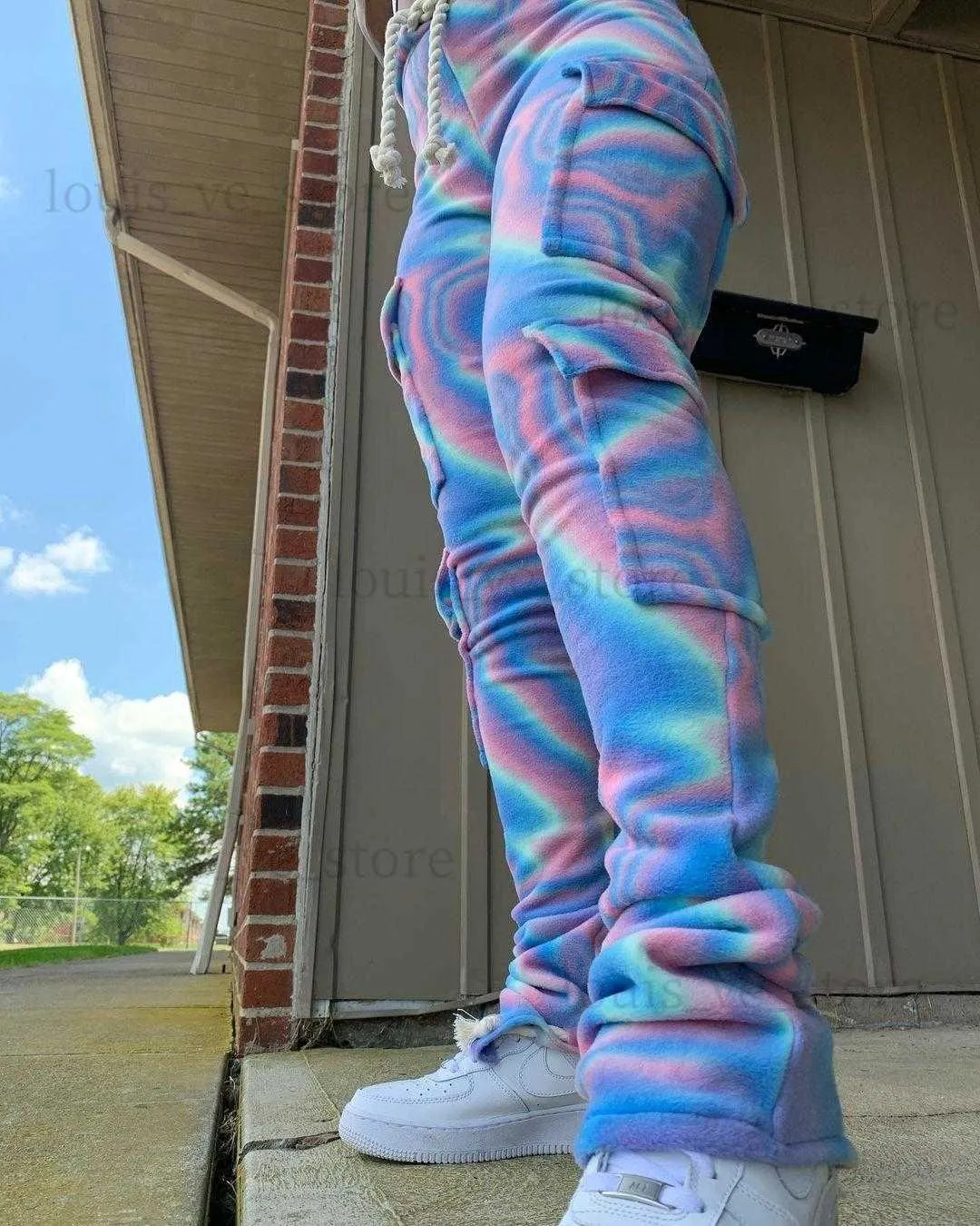 Hosen Doppel Plüsch Tie Dye Print Jogger Sweatpant Frauen Hohe Taille Kordelzug Gestapelte Hose Hose Winter Seitentasche Dehnbare Unterseite S-2XL T230808