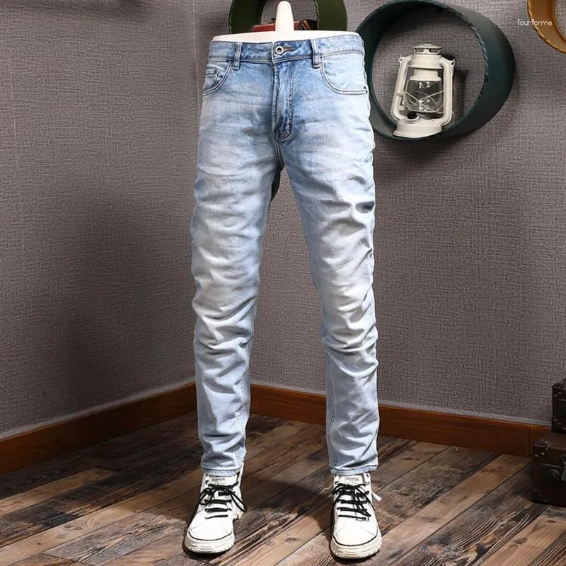 Heren Jeans Koreaanse Stijl Mode Mannen Hoge Kwaliteit Retro Lichtblauw Elastische Slim Ripped Vintage Designer Denim Broek Hombre