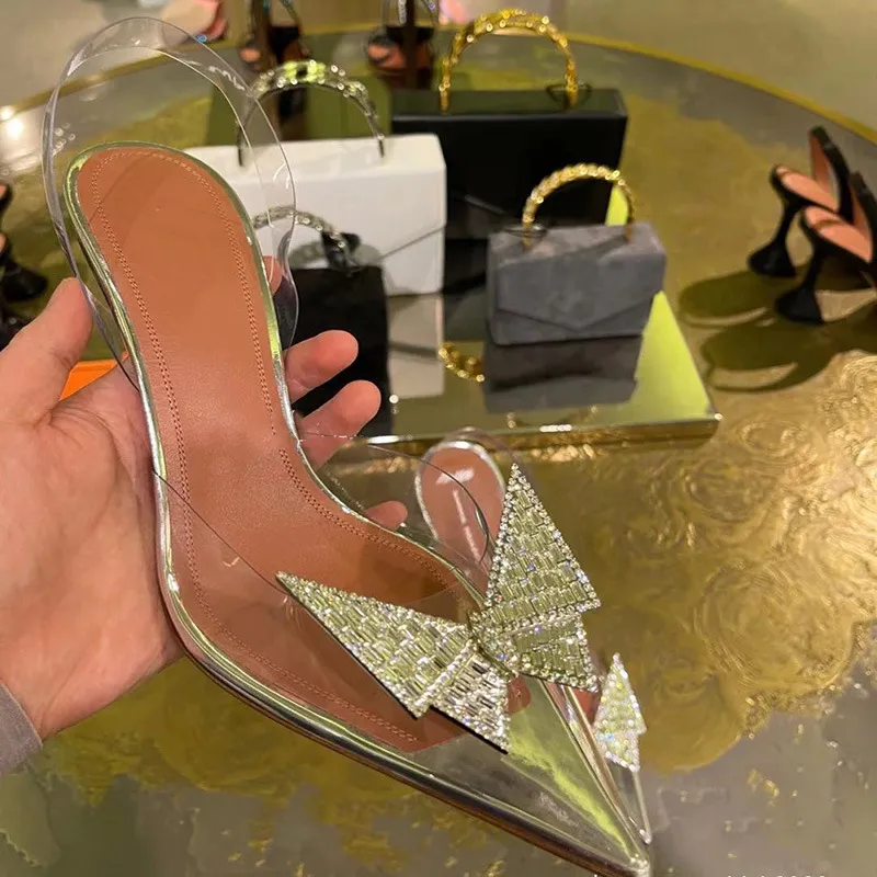 leather sandals Ladies real 2024 7CM goblet high heel pointed toe pillage buckle diamond SHOES party PVC transparent wedding American Europe Bowtie siz 34-45