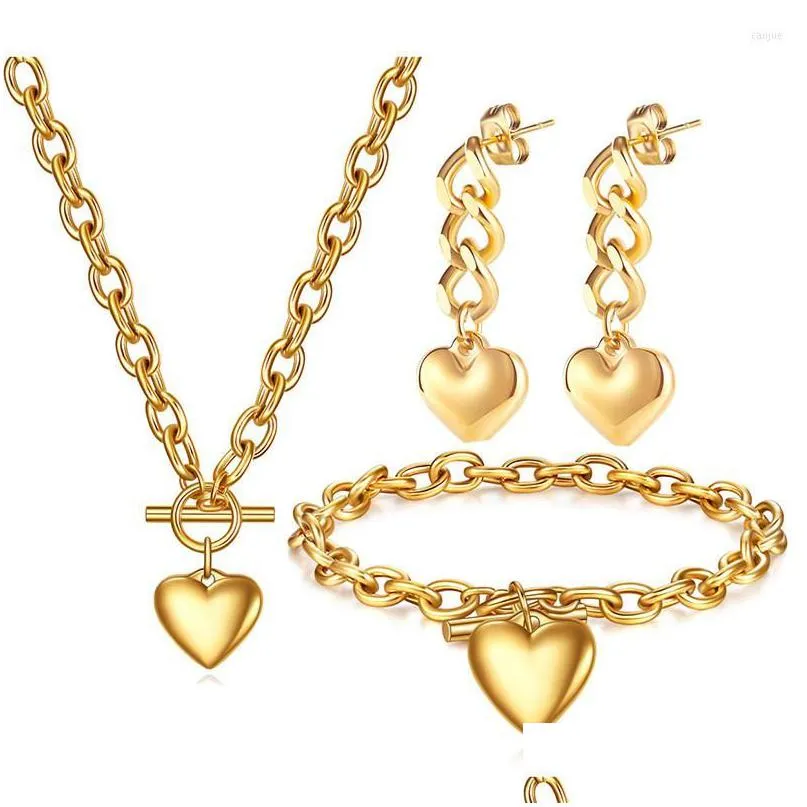 Orecchini Collana Set Acciaio Inossidabile 316L Elegante Fibbia Cuore Pesca Ciondolo Amore Bracciale Catena Spessa Orecchino Donna Dhgarden Dhgun