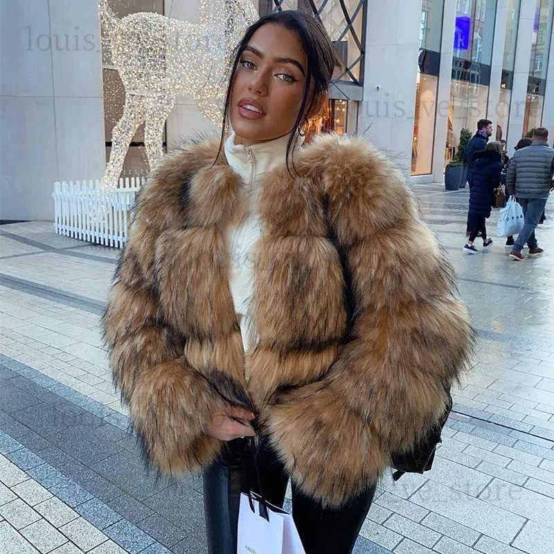 2022 Winter Luxury Short Faux Raccoon Fur Jacket for Women Cozy Fluffy Outerwear Overcoat