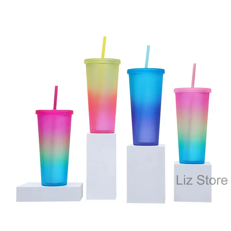 24oz gradientfärger plaststrå kopp dubbel lager juice mjölk te kopp sommar kall drycker kopp stor kapacitet frostad sport mugg Th1044